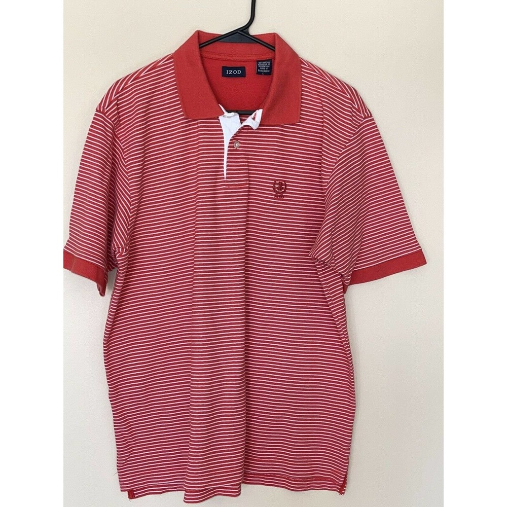 Vintage IZOD Sz L Mens Coral And White Pinstriped Short Sleeve Cotton Polo Shirt